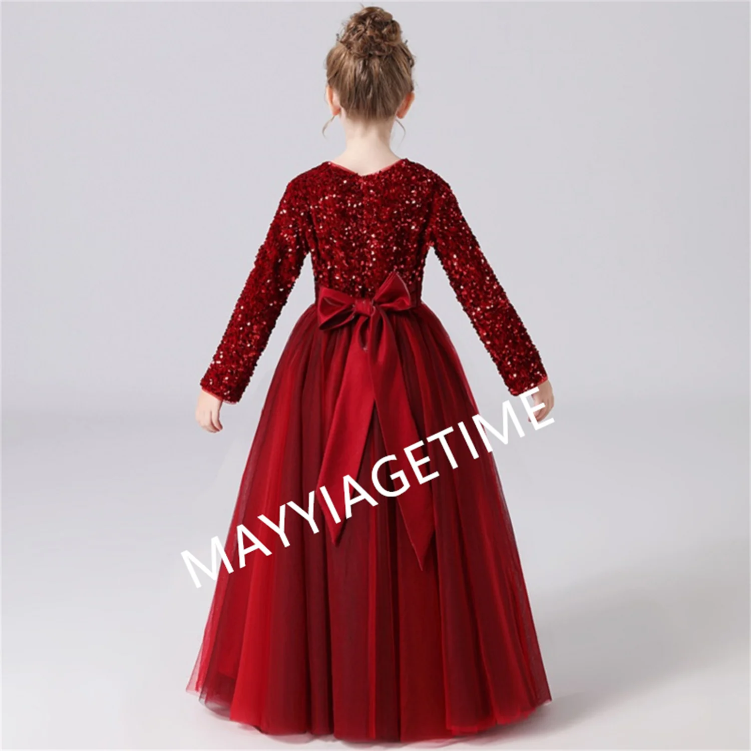 Sequin Tulle Long Sleeves Junior Bridesmaid Dress Flower Girl Dresses Puff Skirt Girls Pageant Evening Party Gown