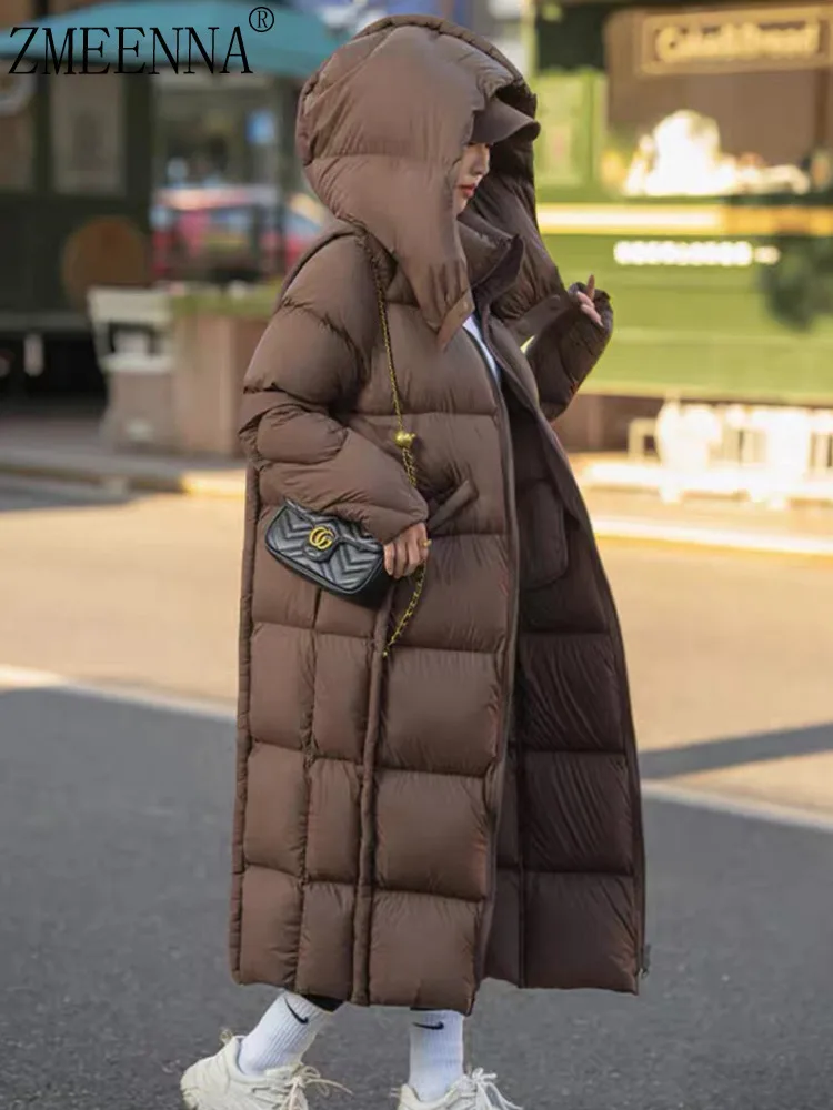 

ZMEENNA Womens Long Puffer Coat Hooded Full Zip Down Jacket Warm Winter Maxi Outerwear Loose Fit Chocolate Brown ZM4477