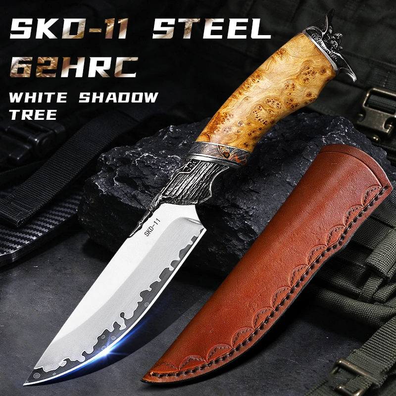 Handcrafted SKD11 steel fixed-blade knife with a wooden handle; outdoor and camping knife; everyday carry (EDC) tool