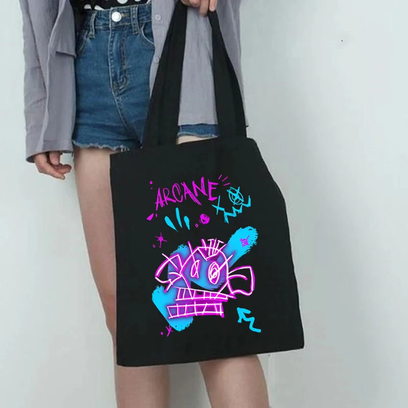 

Arcane Zaun Graffiti Shoulder Bag - Neon Punk Game Art Tote for League Players, Reusable Canvas Bag with Jinx Rebel Spirit