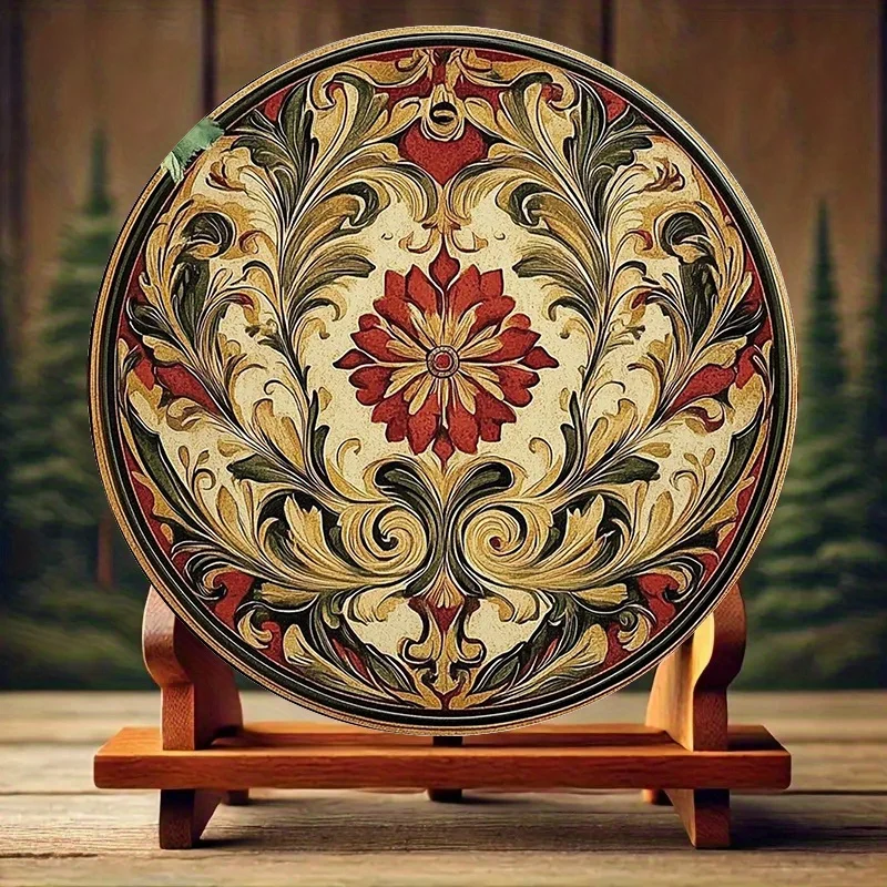 Vintage Renaissance Floral Wall Art 20.32cm Round Hand-Painted Red Gold Green Black Frameless Outdoor Garden Decor for Bedroom L