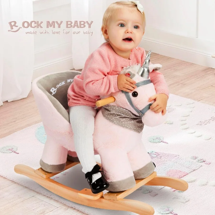 حصان هزاز يونيكورن الطفل الحيوان الروك حصان هزاز مع مقعد ركوب على الحصان أفخم حصان هزاز مع موسيقى يونيكورن خشبية Ro