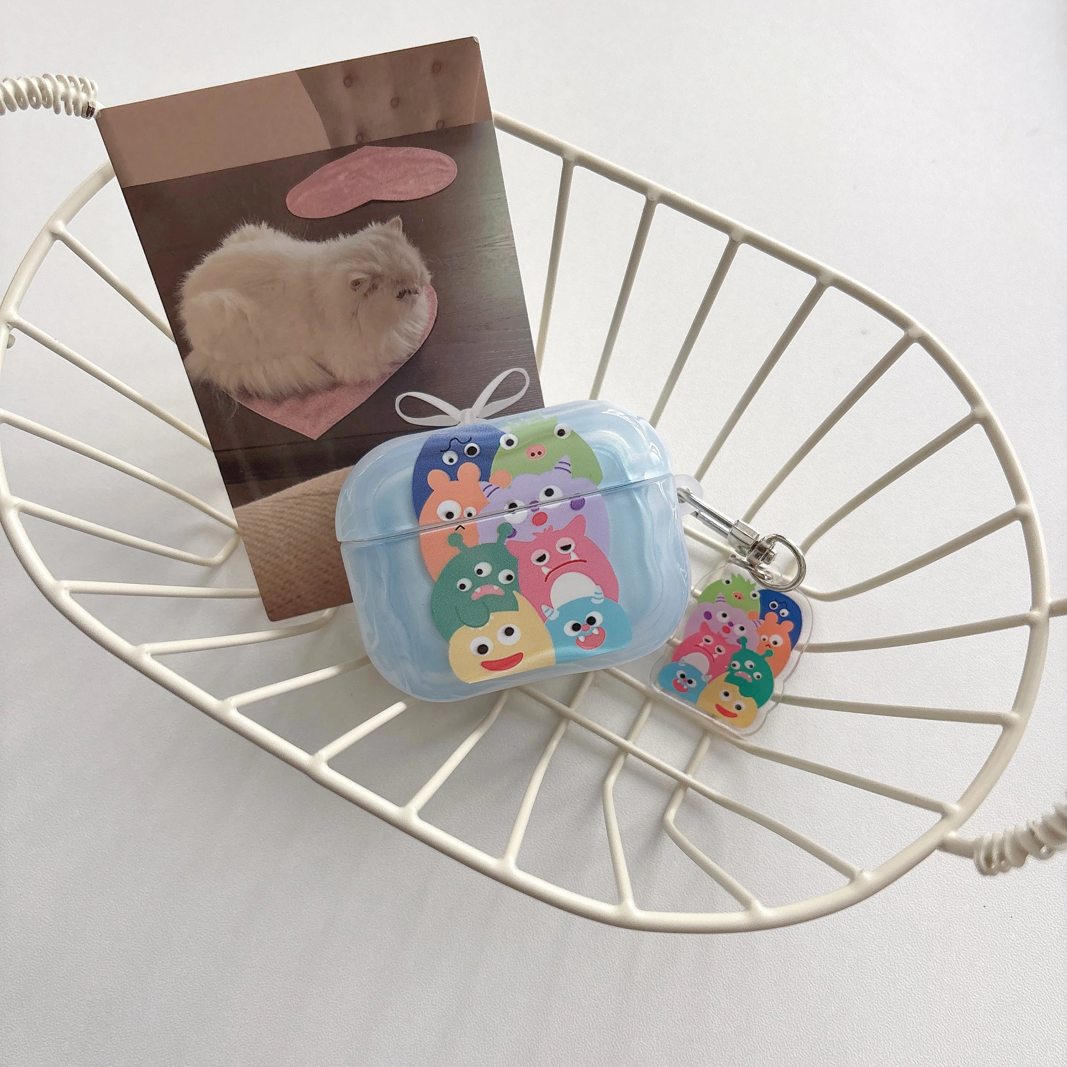 Colorful Monster Pattern Transparent Light Blue Glossy Earphone Cover Case For AirPods 1 2 3 4 5 Pro Pro2 Pro3 with Pendant