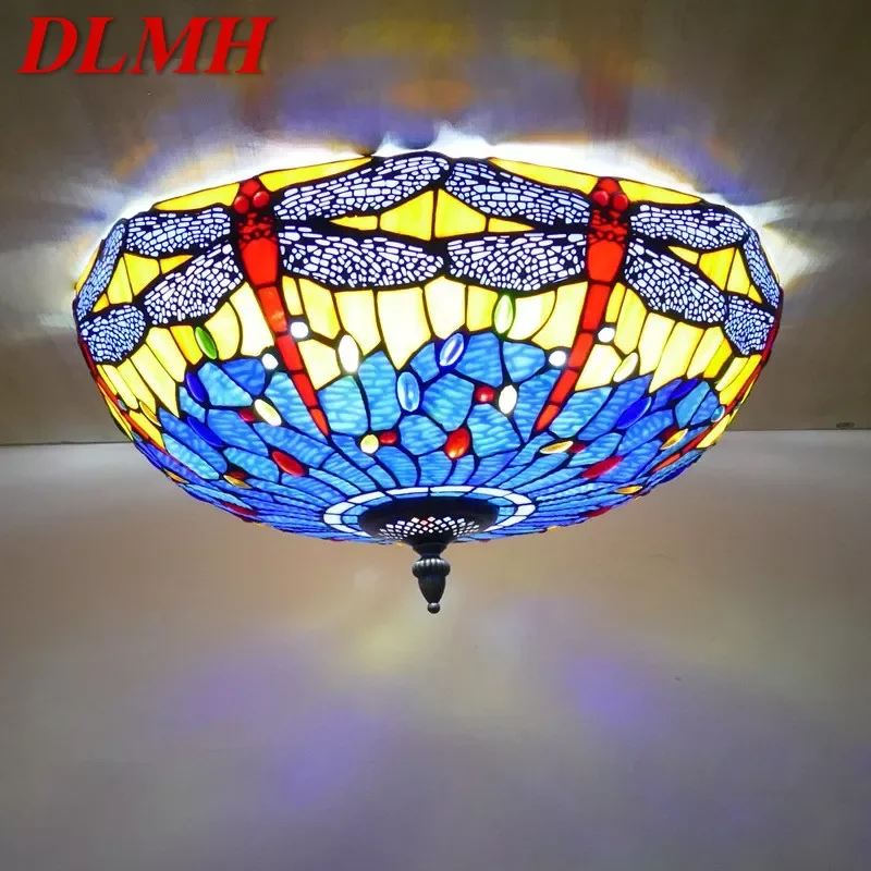 DLMH Tiffany Ceiling Light American Countryside Bedroom Study Modern Creative Bar Counter Corridor Colored Glass Ceiling Light