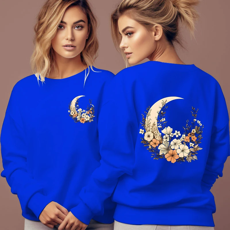 Flower and Moon Vintage Sweatshirts Women Wildflower Plant Style Tracksuit Long Sleeve Streetwear Female O-Neck Floral Hoodies