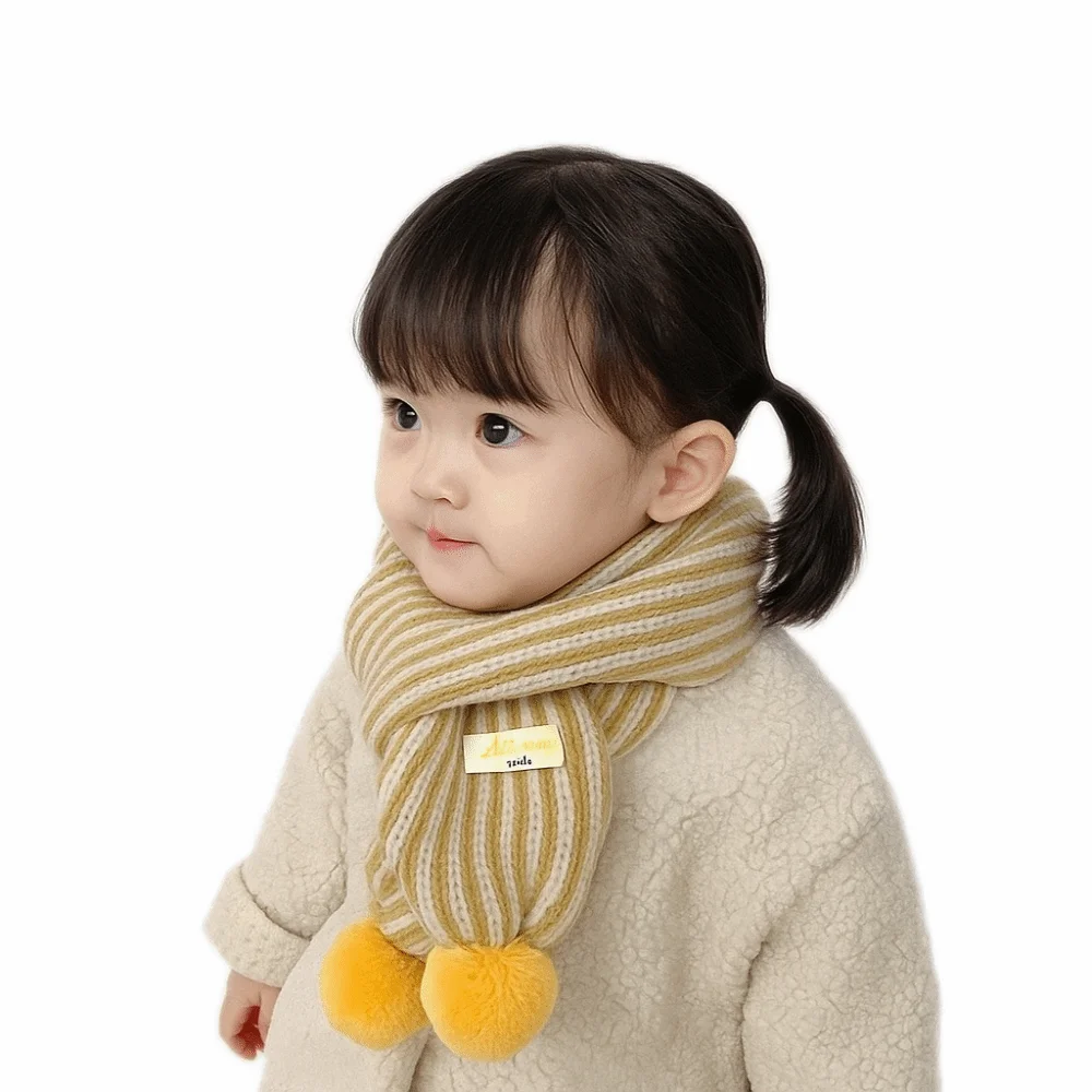 Children Stripe Knitted Warm Scarf Winter Windproof Cold Proof Warm Neck Warmer Colorful Pom Pom Scarf