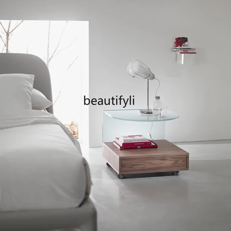 

Italian Minimalist Solid Wood Bedside Cabinet Vintage Storage Cabinet Living Room Sofa Side Table with Wheels