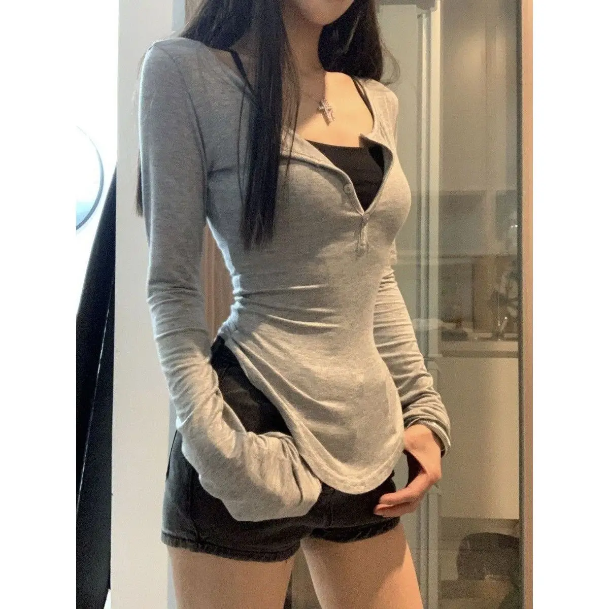 

V-neck Tops Mujer Y2k Grunge Slim Fit Long Sleeve Tee Shirt Fashion Sexy All-match T-shirt for Women 2025 Футболки