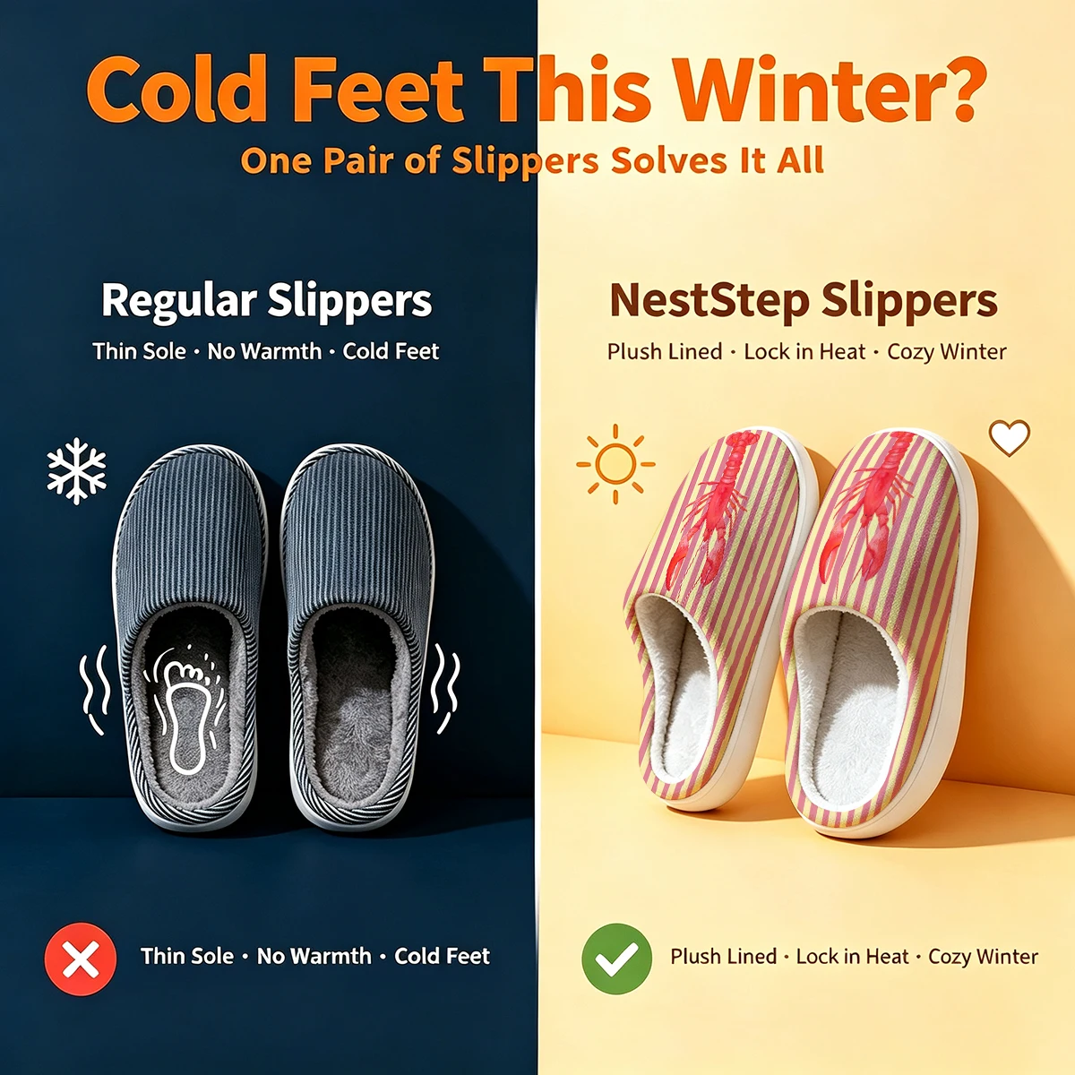 Watercolor Lobster Stripe Christmas White Slippers Warm Plush Indoor Shoes Non-Slip Winter Slippers Family Holiday Gifts Soft view 5