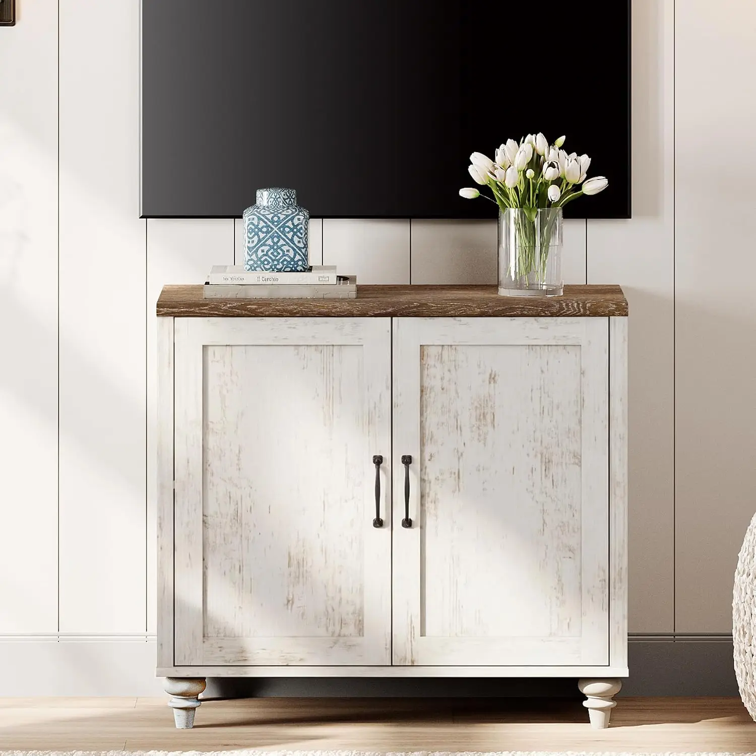 43 inch TV Stand with 2 Wood Doors & Storage Cabinets, Rustic White Farmhouse Entertainment Center Console Table, Customized