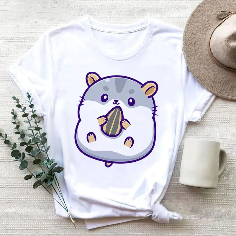 Camiseta con estampado Kawaii de hámster para mujer, ropa divertida de poliéster de manga corta con gráfico de estética, color blanco