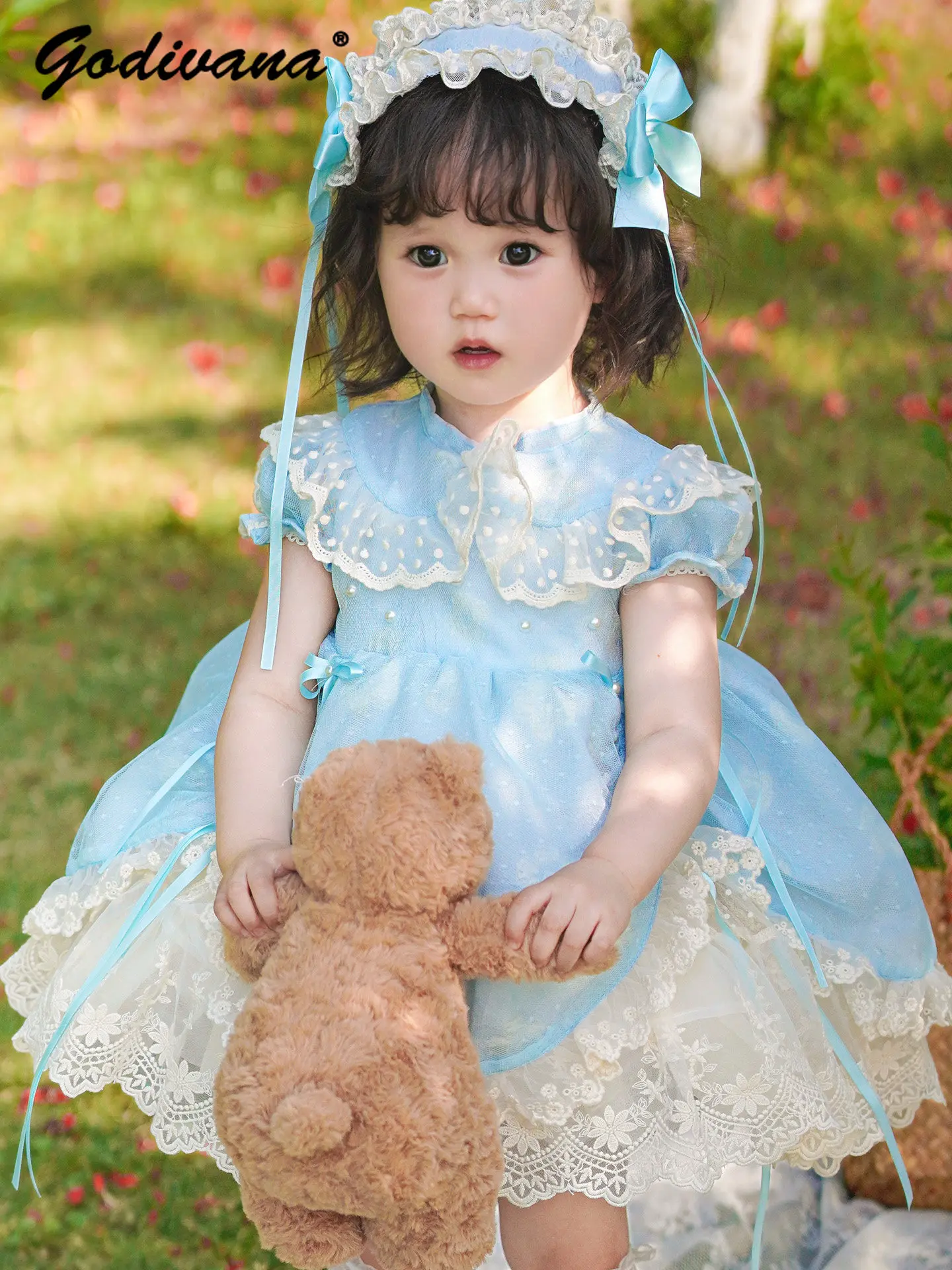Sweet Baby Girls High End Lolita Princess Dress Kids 2026 Summer New Blue Elegant Puff Sleeve Bow Mesh Lace Patchwork Ball Gown
