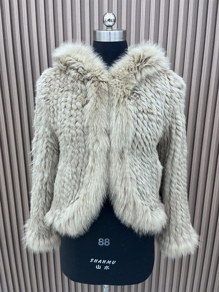 New Women's Natural Rabbit Fur Coats Knitted Real Fox Fur Hooded Jackets Luxury Female Overcoat Clothing