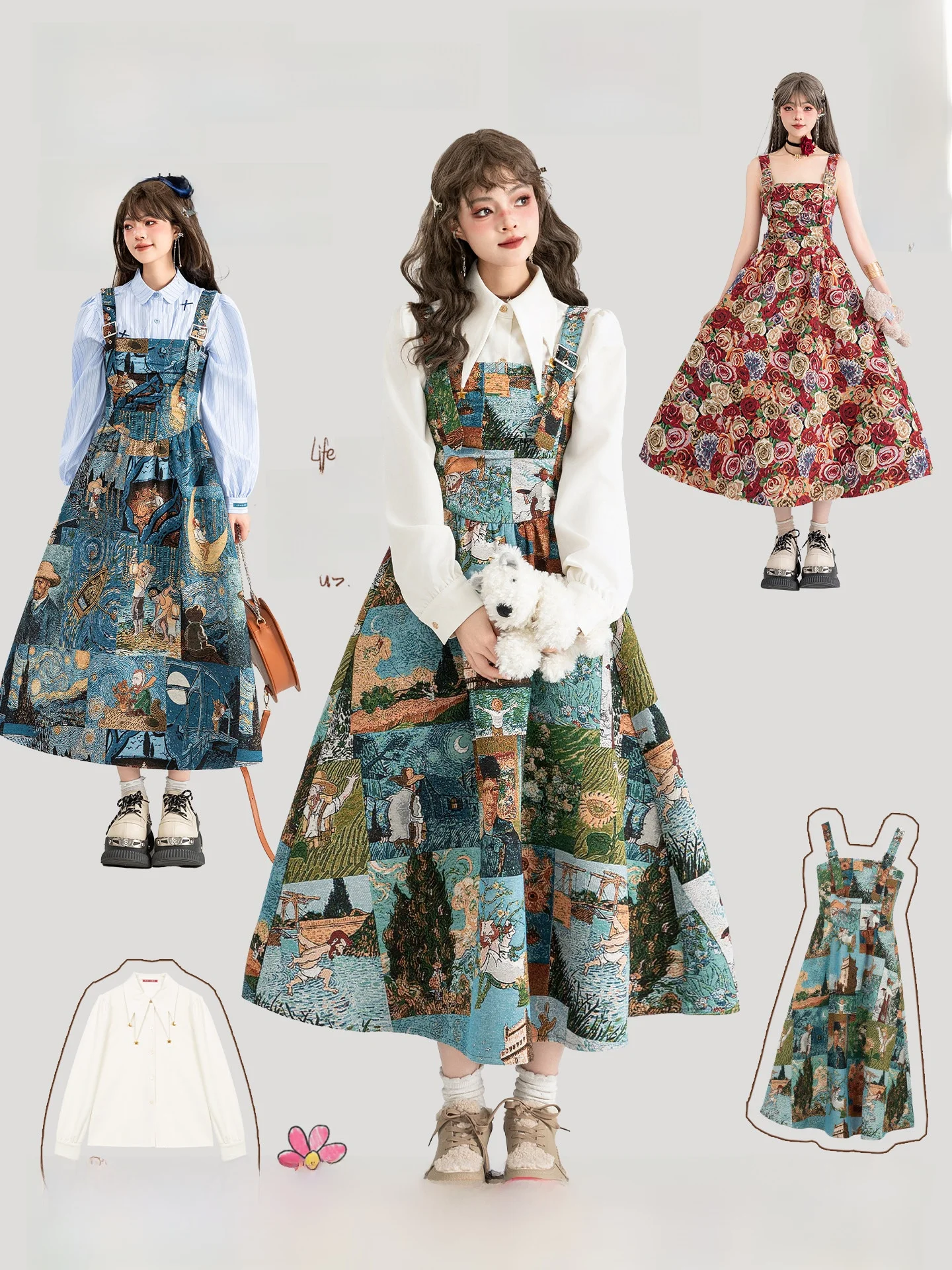 

KEIKO High-End Embroidered Oil Painting Sle Strap Dr Spring Summer High Waist Long Skirt Casual Print Splice Pleated A-L...