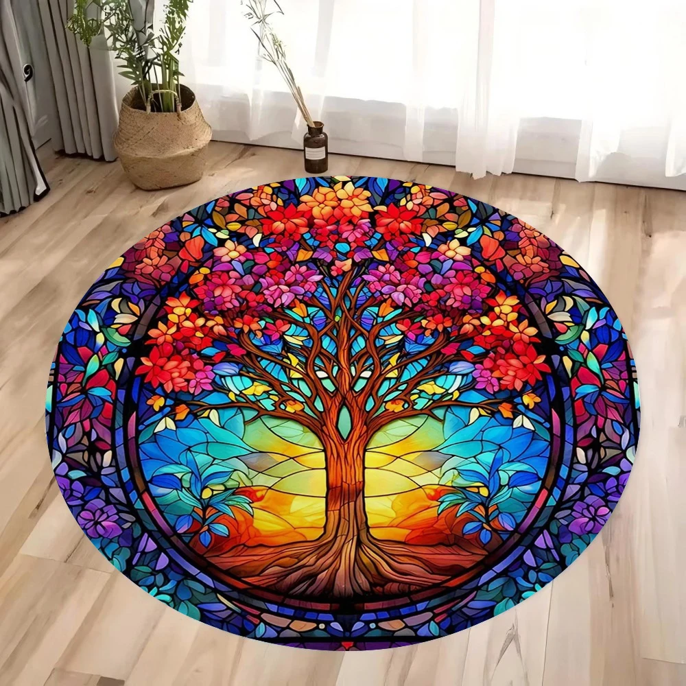 Anti Slip Floor Round Rug Magical Nature‑themed Neon Lit Tree and Water Reflection Carpet for HouseLiving Area Indoor Decoration