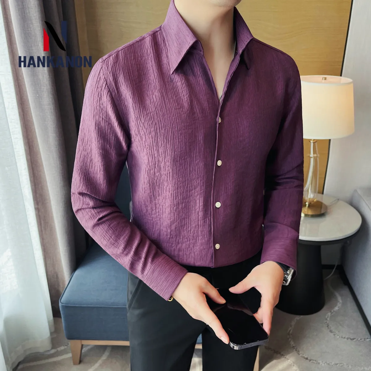 

Men's Business-Ready Crinkle Texture Shirt - 6% Wool Blend, All-Day Comfort & Versatile Office-to-Casual Styling
