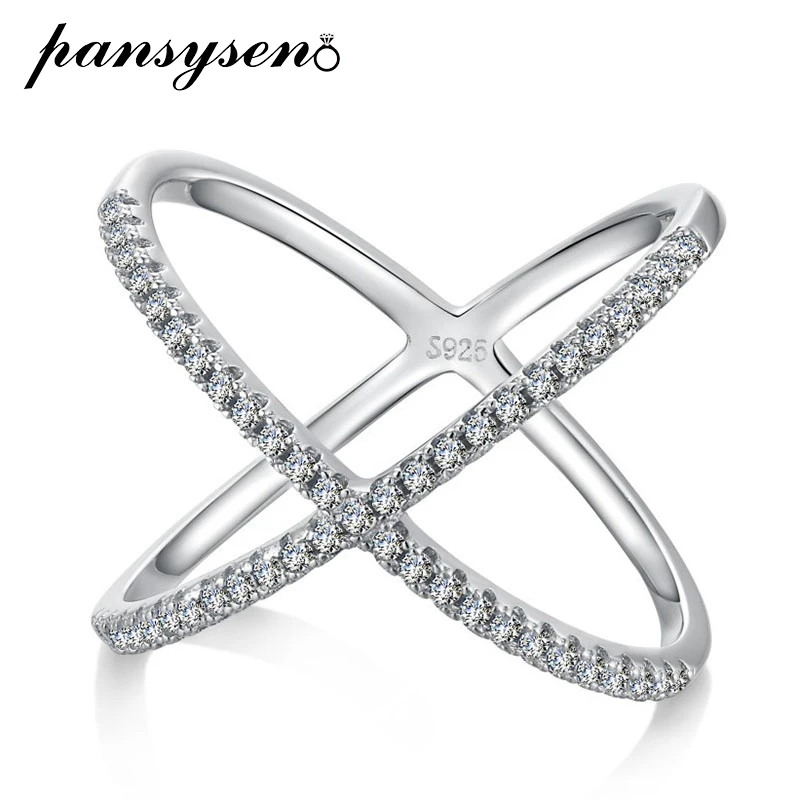 PANSYSEN Classic 18K White Gold Plated Luxury High Carbon Diamond Cross Rings for Women Solid Silver 925 Wedding Fine Jewelry