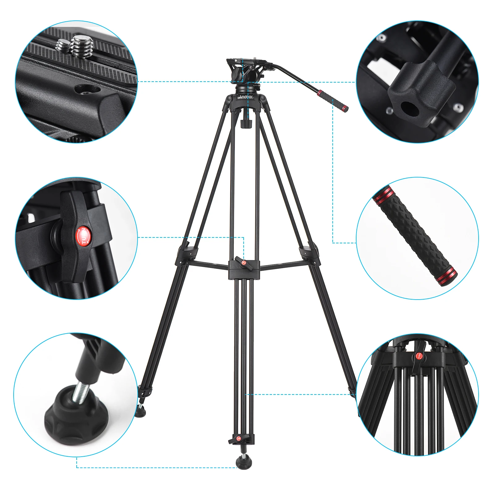 Andoer D1801 Professional Photography Tripod Stand Aluminium Alloy with 360° Panorama Fluid Hydraulic Bowl Head 3-Section Extend