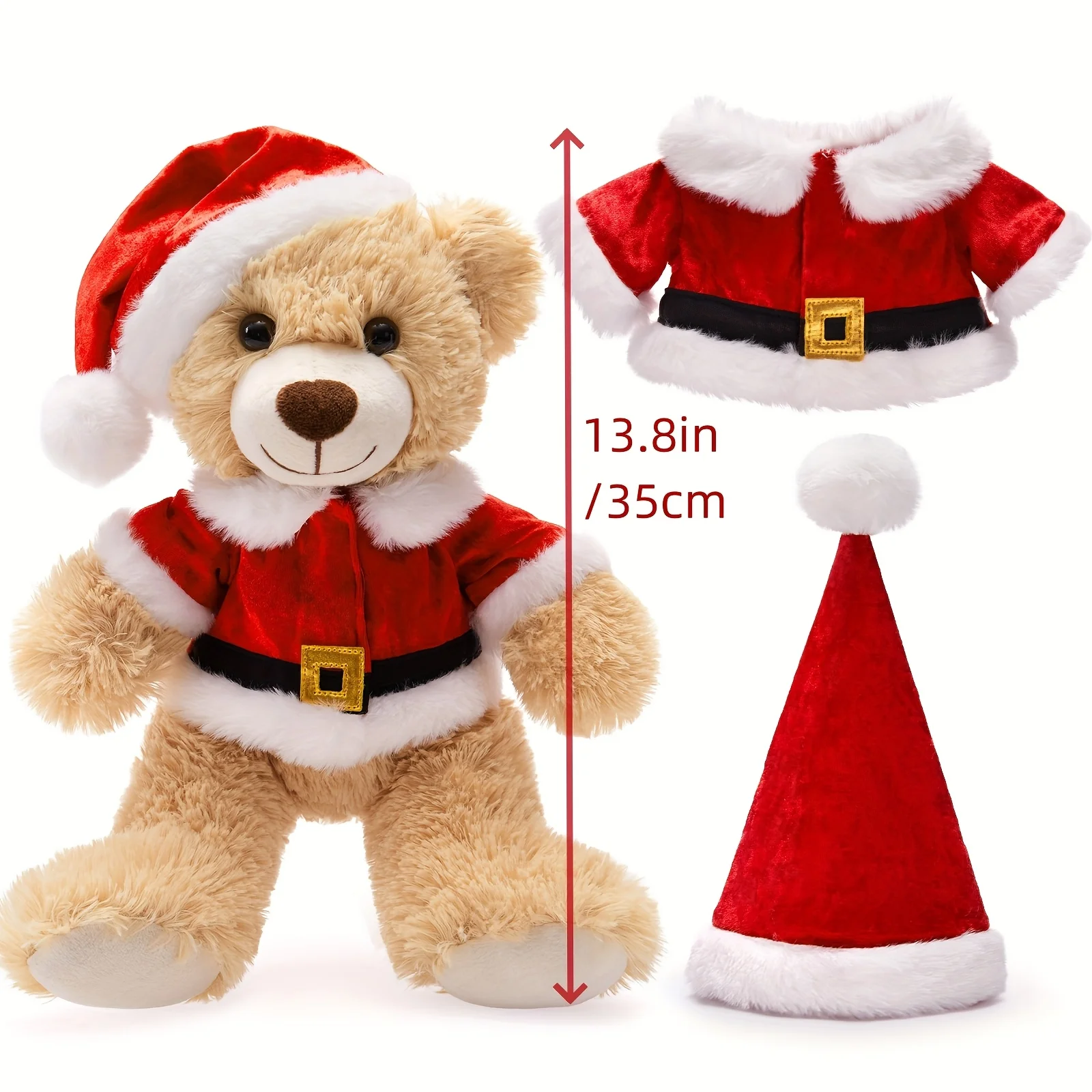 Weihnachts-Teddybär-Kuscheltier – 13,8 Zoll hellbrauner Polyesterfaser-Plüschbär mit Weihnachtsmann-Outfit, Geschenk für Kinder ab 3 Jahren