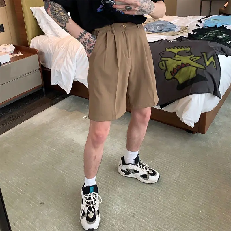 

Мужские однотонные плиссированные шорты с широкими штанинами, свободного кроя, повседневные летние прямые брюки