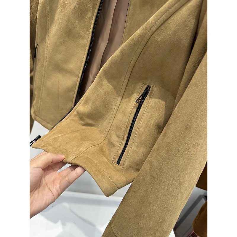 Wildleder jacke für Frauen natürliches Schaffell schlankes kurzes Khaki/braunes amerikanisches Vintage Wildleder Ledermantel Chaqueta Spiel de Oveja Mujer