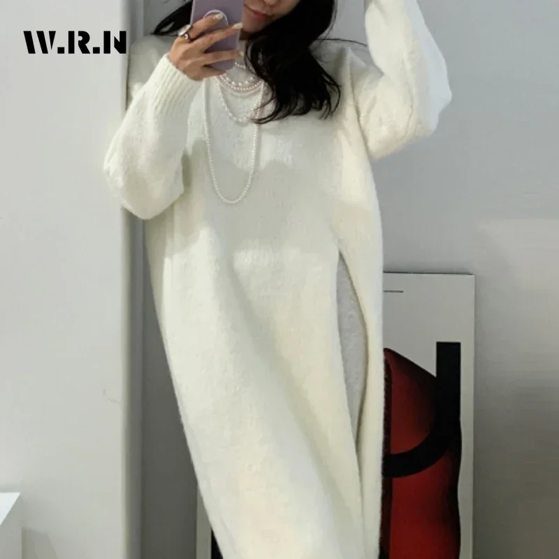 2024 Winter Elegant Sexy White O-neck  Long White Split Pullovers Women Chic Coquette Solid Color Oversized Knitted Dresses