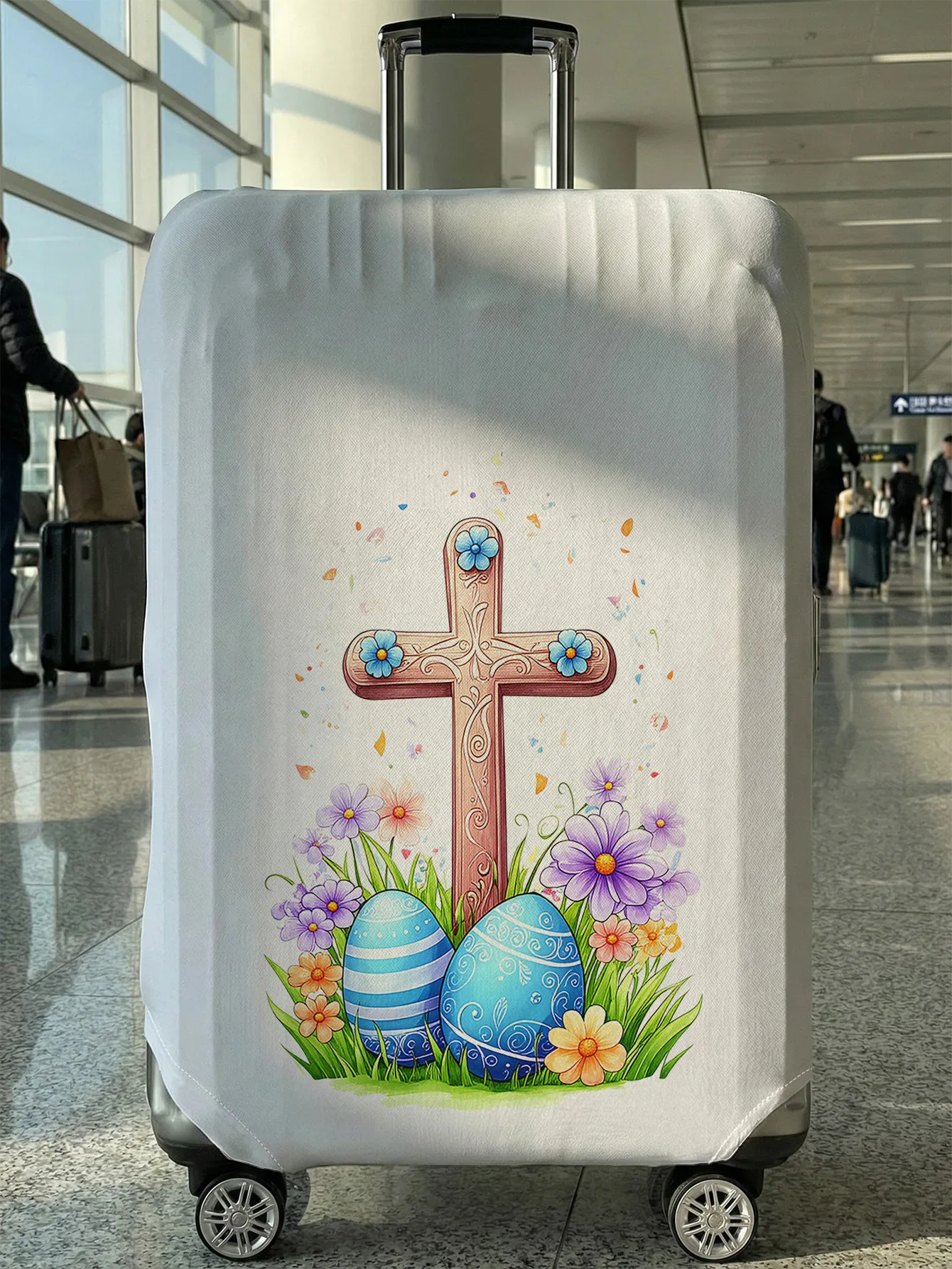 

White Base Easter Cross Egg Flower Luggage Cover, Suitable for 18-32 Inch Luggage Cover, Luggage Handle Glove, Travel Accessorie