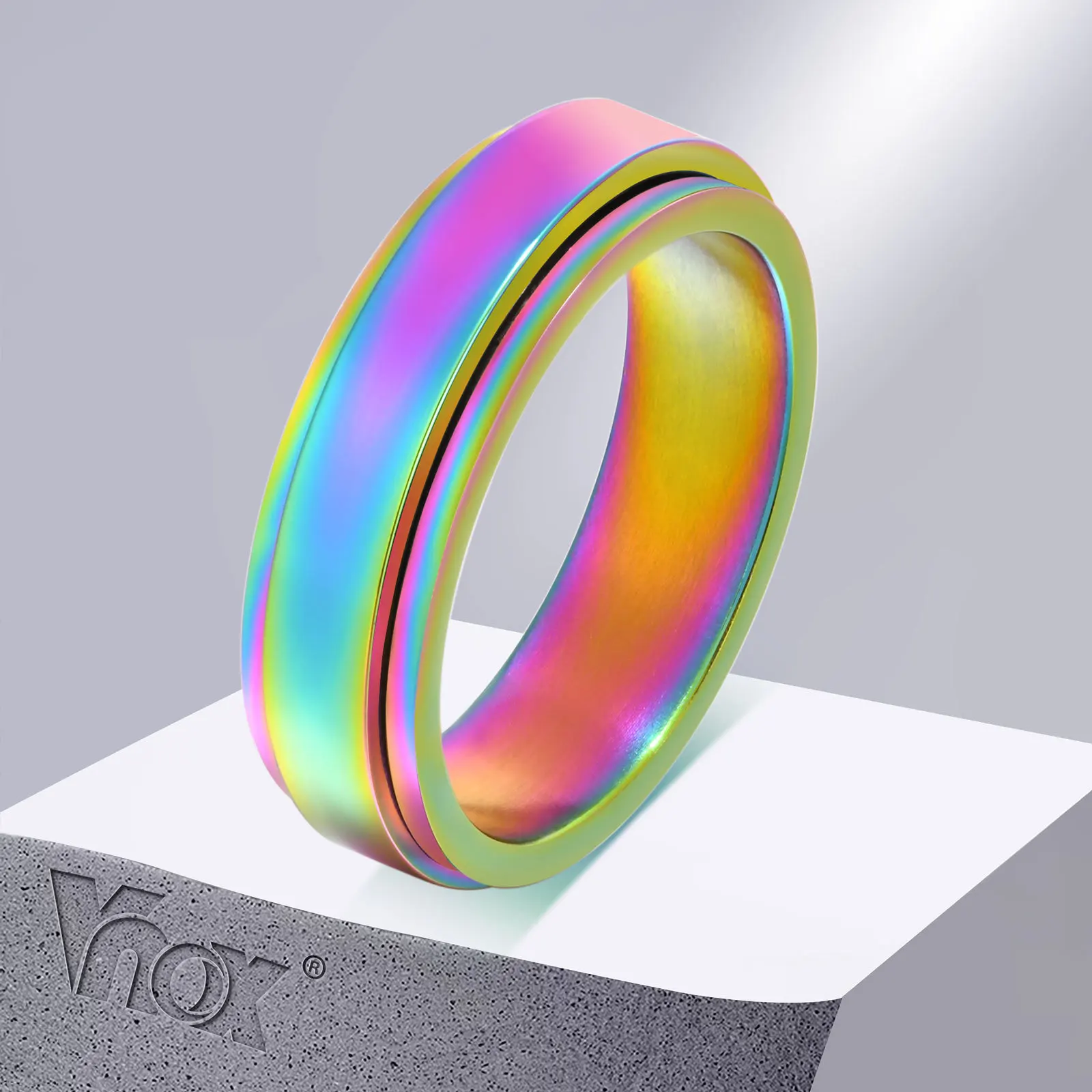 Vnox Unique Mens Spinner Rainbow Pride Wedding Promise Bands for Men Women, 6MM Stainless Steel Stress Relieving Anxiety Ring