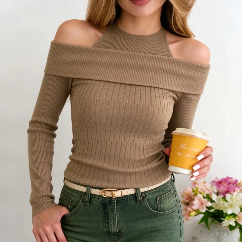 New Autumn Winter Women Halter Neck Off Shoulder Knit Top , Long Sleeve Ribbed Slim Bodycon Casual Elegent Sweater Pullover