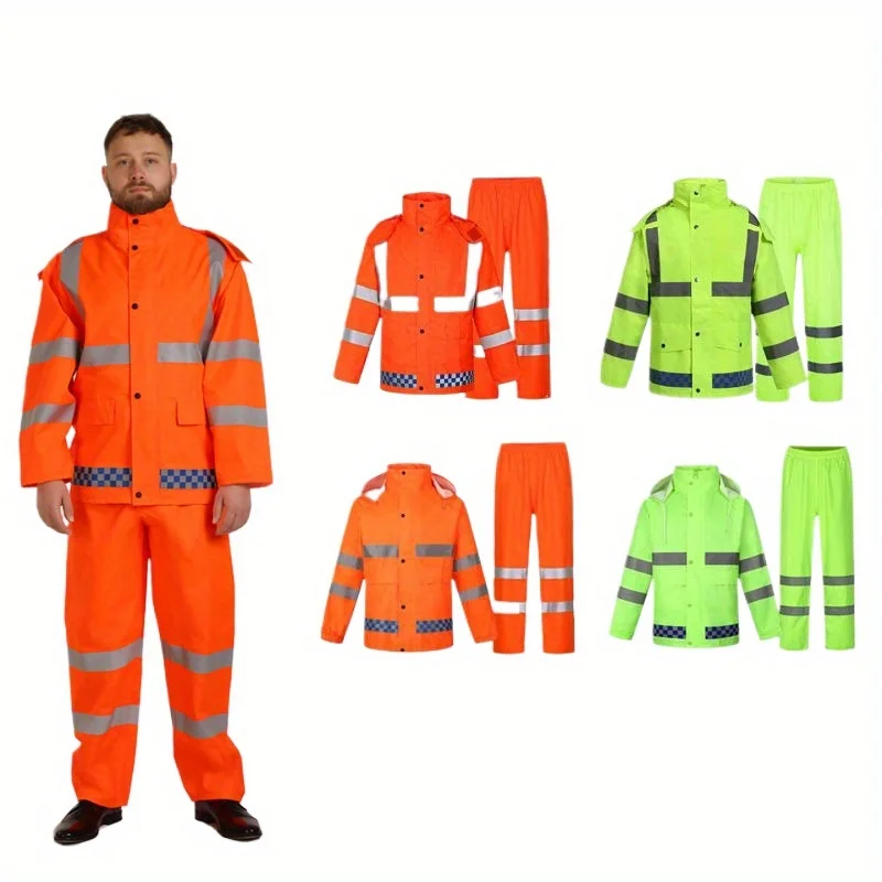 

Heavy Rainproof Reflective Raincoat and Pants Sets Traffic Uniforms Waterproof Split Riding Duty Patrol Reflective Clothing