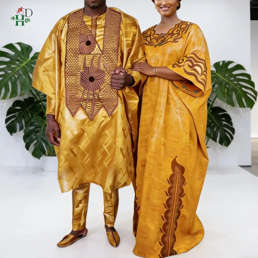 

H&D African Dresses For Couple Yellow Traditional Bazin Riche Men 3PCS Embroidery Outfit Turkey dress woman Wedding Party Dress