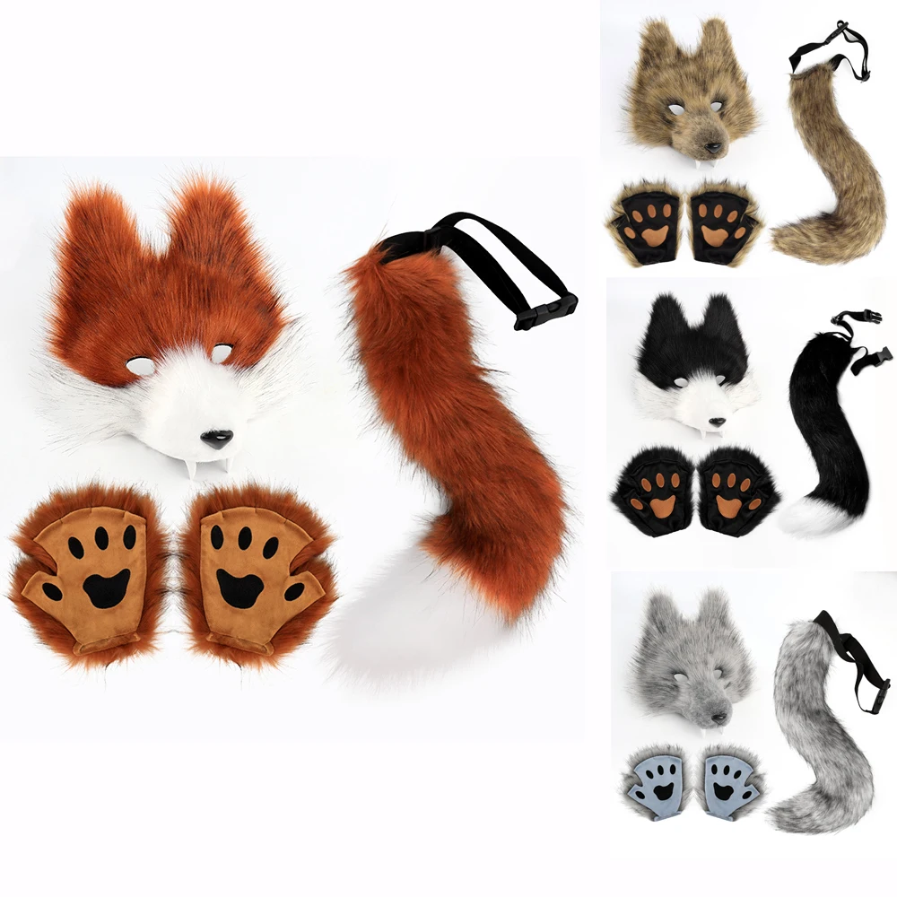 

Halloween Simulation Wolf Mask Set Cosplay of Wolf Teeth Beast Tail Plush Tail Festival Masquerade Ball Party Costume Props