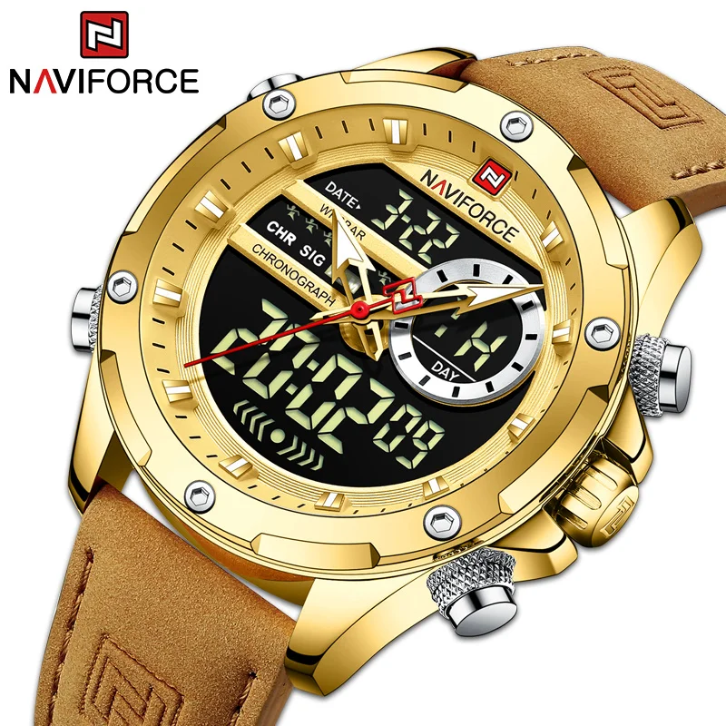 

NEW NAVIFORCE Military Sport Mens Watches Gold Dual Display Waterproof Wristwatches Genuine Leather Male Clock Relogio Masculino