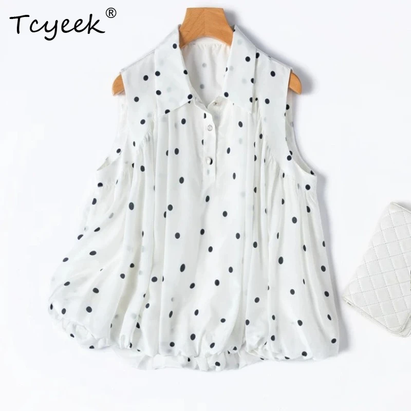 Tcyeek 100% Real Silk Shirts for Women 2026 Summer French-style Black Polka Dot Sleeveless Top Clothes for Woman Tops De Mujer