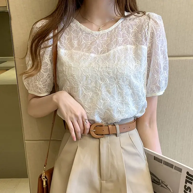 Oversized Temperament Women\'s Clothing 2023 Summer New Simplicity Commuter Hollow Out Round Neck Short Sleeve Pullover Shirt