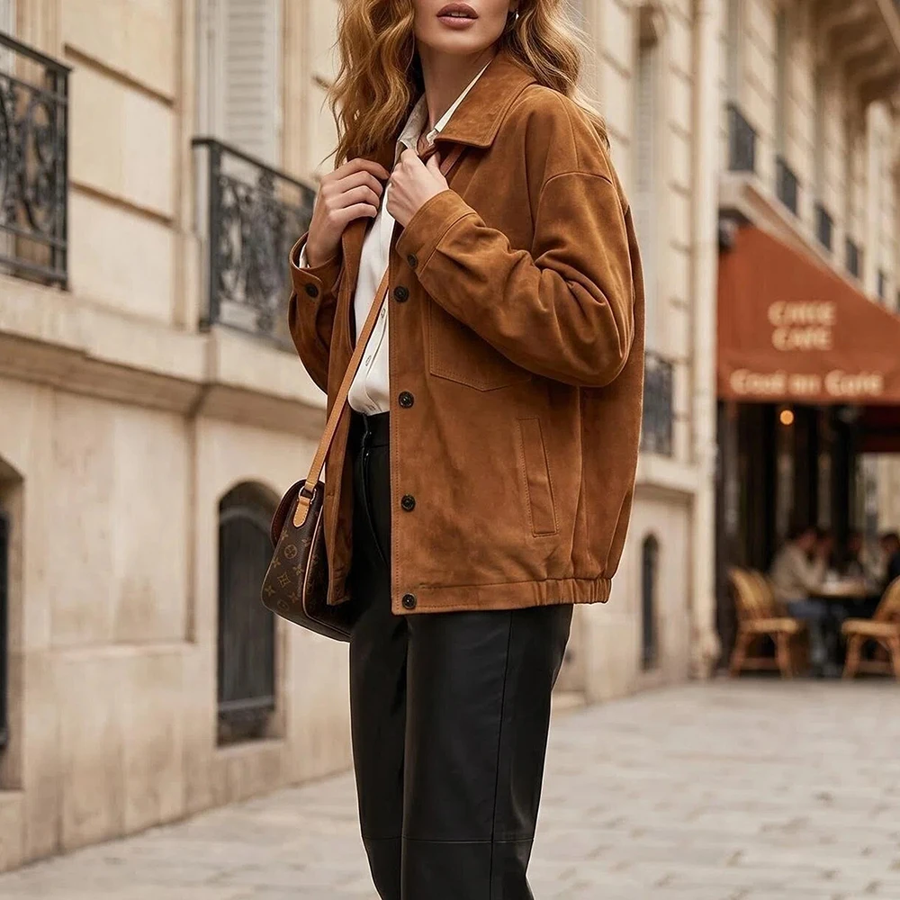 Imported A-level Suede Sheepskin Jacket Coats for Women Fall Retro Lapel Single-breasted Female Casual Loose Real Leather Jacket