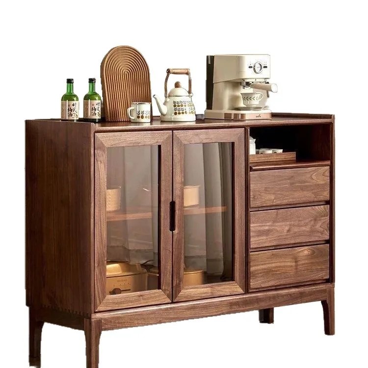 Meal side modern walnut color simple storage Nordic solid wood multi-functional kitchen living room locker against the wall tea