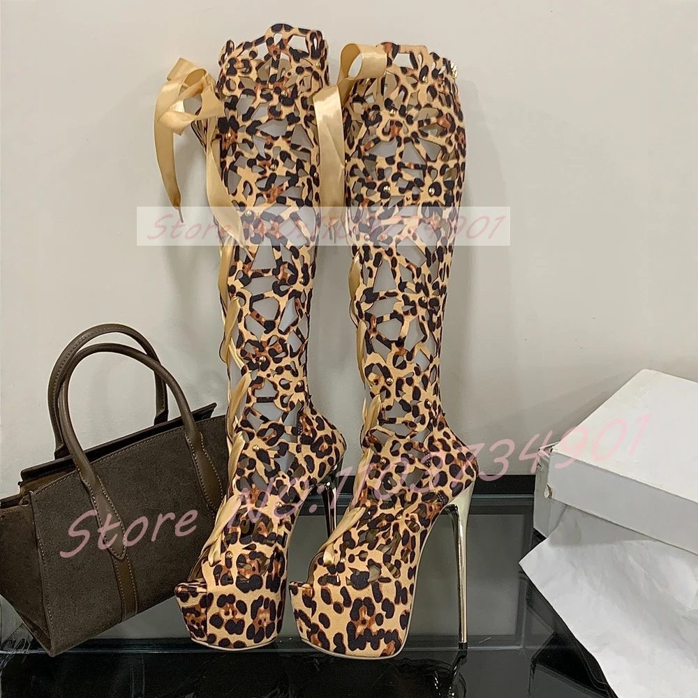 

Leopard Cut-Out Platform Knee Boots Women Ribbon Lace-Up Peep Toe Stiletto High Heels Boots 2026 Sexy Trendy Metallic Heel Boots