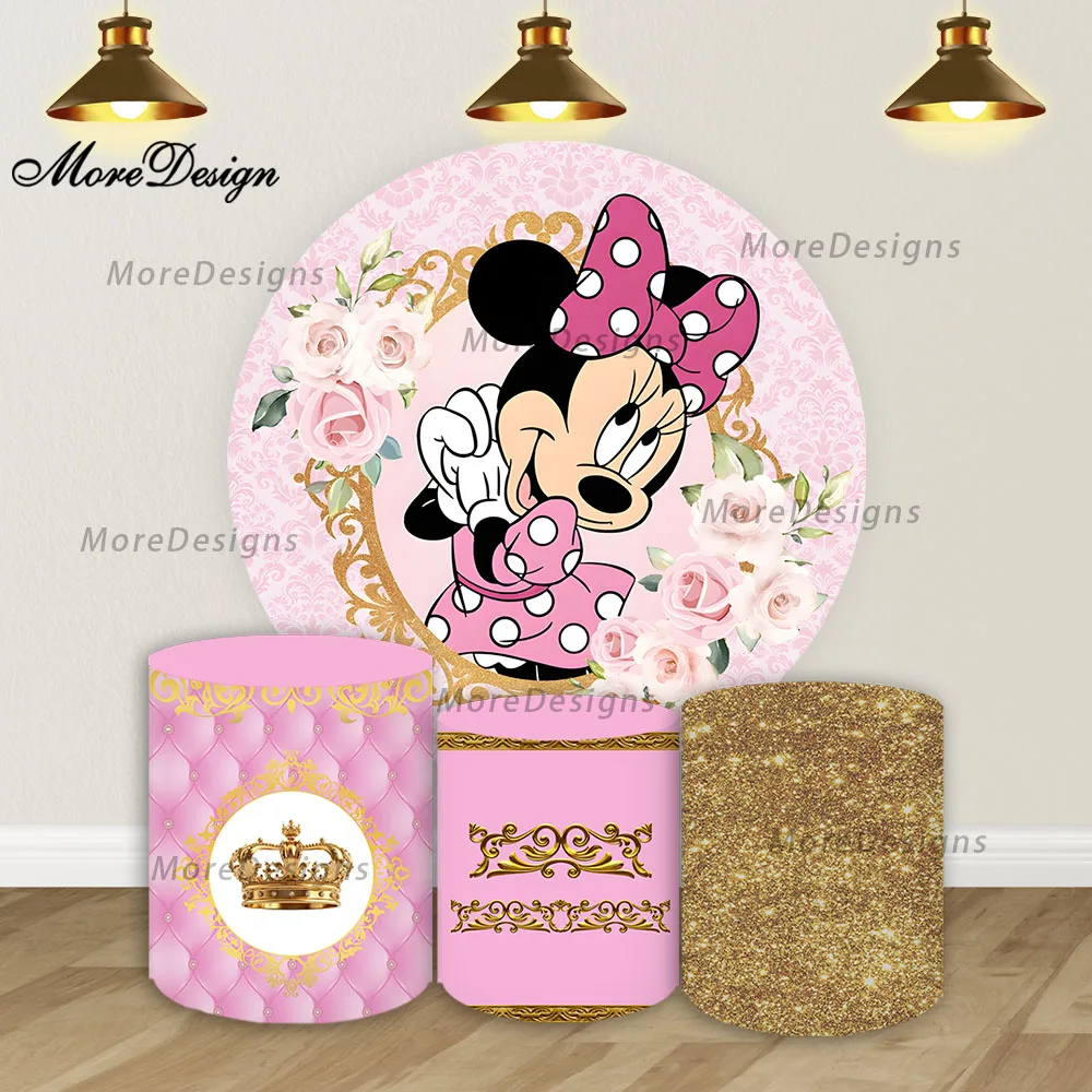 

Круглый фон с Минни Маус, розовый фон для девочек на день рождения, чехол для цилиндра, детский душ, виниловый полиэстер, фон
