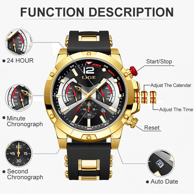 LIGE Fashion Chronograph Men Watches Top Brand Luxury Silicone Sport Wristwatch Business Quartz Clock Waterproof Montre Homme