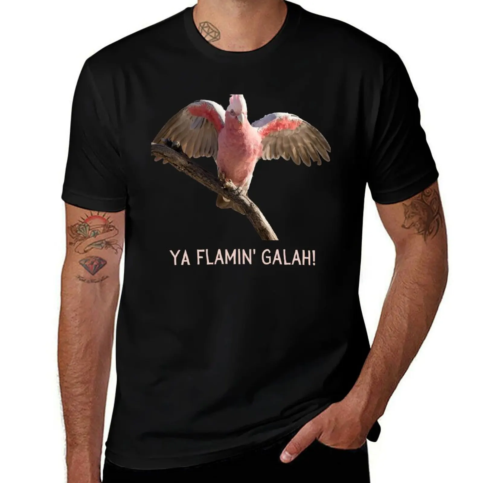 Ya flamin galah (You flaming galah). Photograph of pink and grey galah and light colour text. T-Shirt Festive Simple T-Shirt