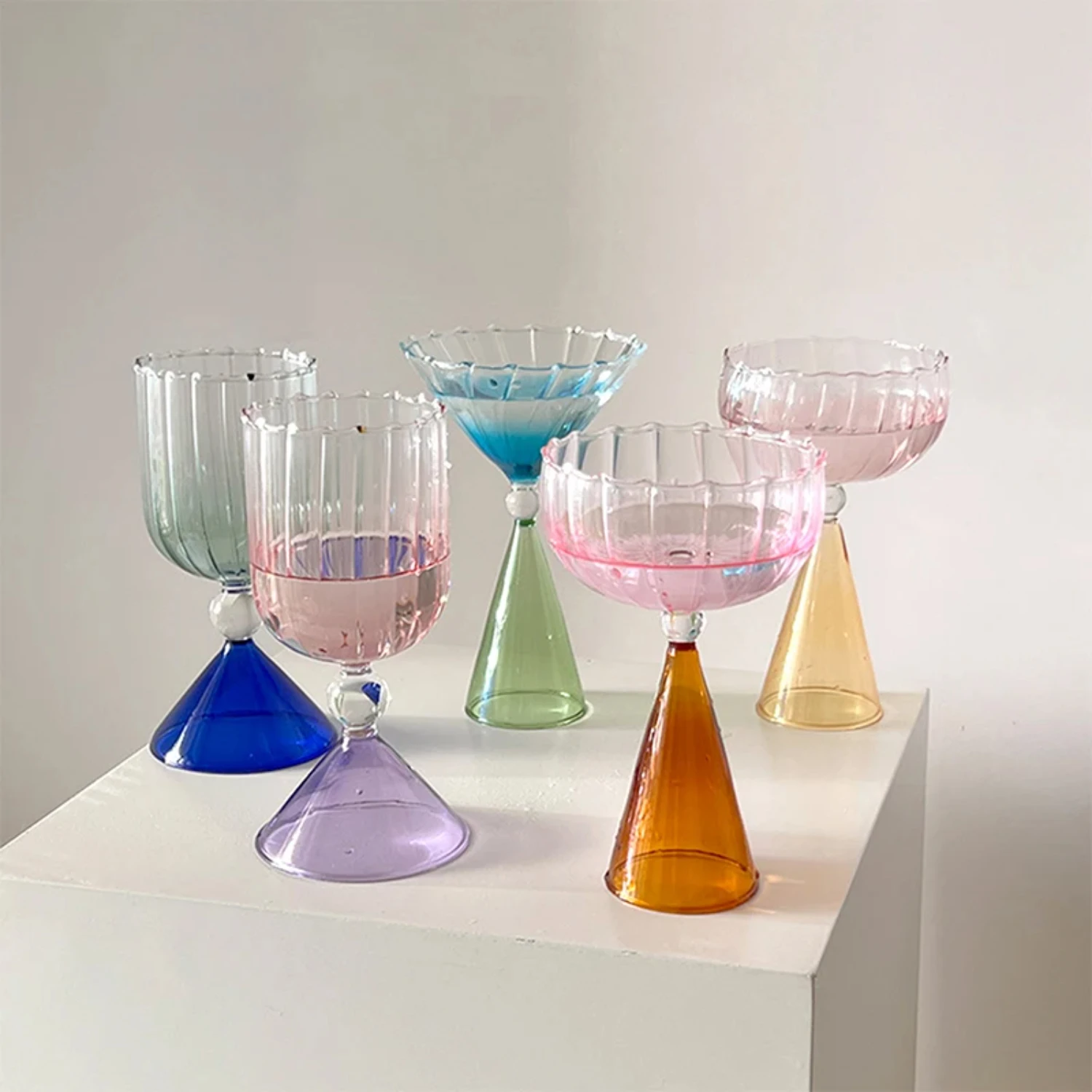 Two Tone Geometry Glass Gradient Champagne Wine Cup Personality Creative Ice Cream Dessert Pudding Drink Whisky Goblet Bowl Gift