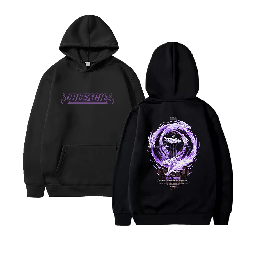 Sudadera con capucha oversize Y2K con estampado de doble cara del logo de BLEACH y diseño de espiral de dragón, modelo Zaraki Kenpachi 2026, color morado