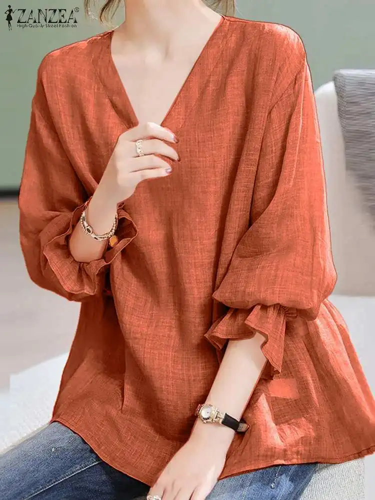 ZANZEA Women Solid Color Tops Vintage Holiday Long Sleeve Blouse V-neck Shirts Fashion 2024 Summer Casual Loose Tunics Oversized