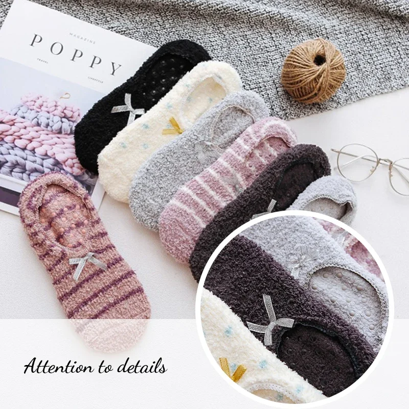 Plush Slippers Women Cute Coral Fleece Socks Stripe with Bow House Shoes Sleep Warm Socks Non-slip Floor Socks Fluffy Slippers