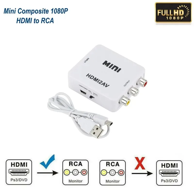Grwibeou กล่องแปลงสัญญาณ HDMI เป็น AV, กล่องแปลงวิดีโอ HD คอมโพสิตวิดีโอ HDMI เป็น RCA AV/cvsb/r 1080วิดีโอ P MINI HDMI เป็น AV
