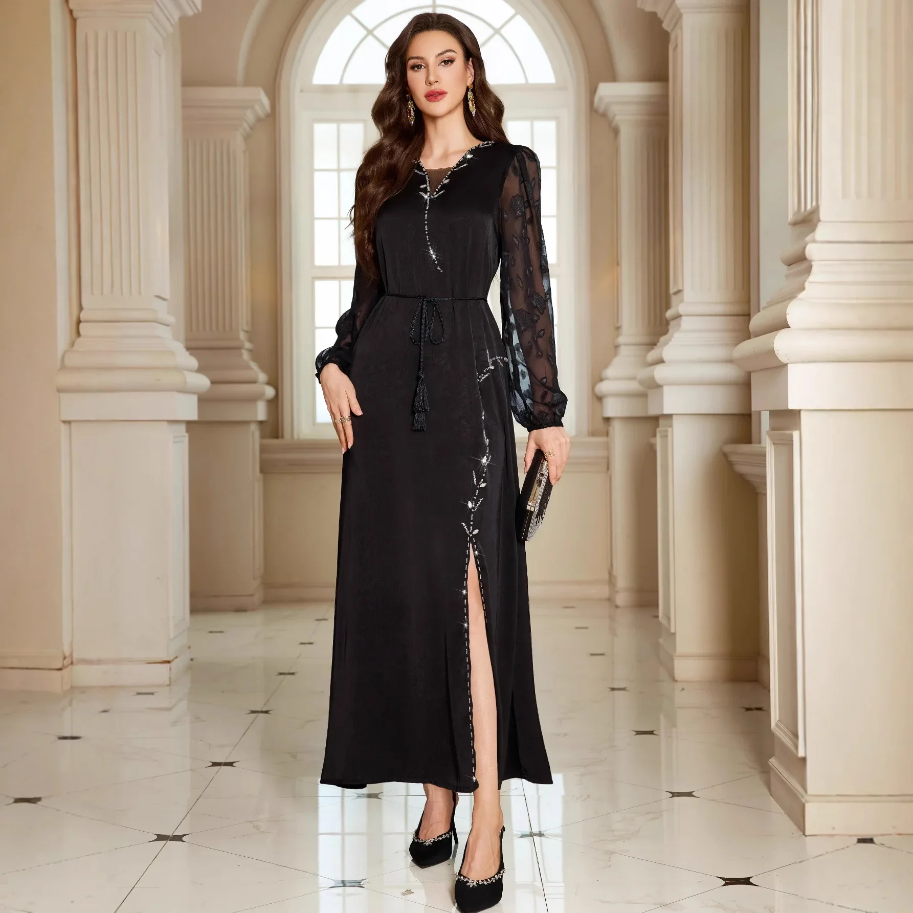 

Elegant Dubai Abaya Women Muslim Evening Dress Diamonds Party Gown Turkey Kaftan Femme Musulmane Vestidos Islam Jalabiya Caftan