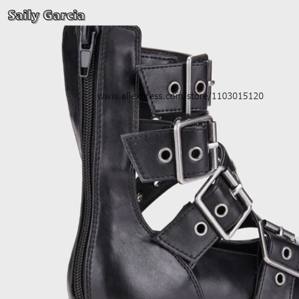 Genuine Leather Belt Buckle Strap Motorcycle Boots Rock Punk Style Casual Boots Round Toe Platform Breathable Mid Calf Shoes