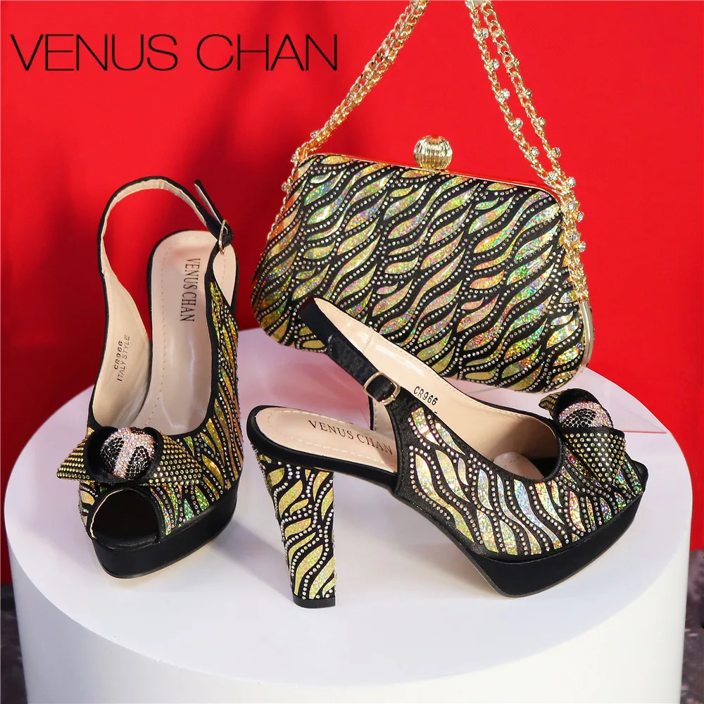 

New Fashion Black Gold Color Pointed Toe Women Peep Toe Shoes Matching Fashion Commute Or Party Shoes Bag Set For Ladies