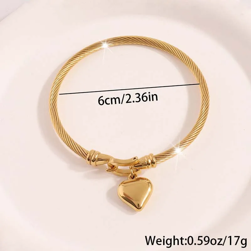 Stainless Steel Gold Color Heart Pendant Bracelets For Women Men Simple Metal Buckle Charm Bangle Bracelets Waterproof Jewelry